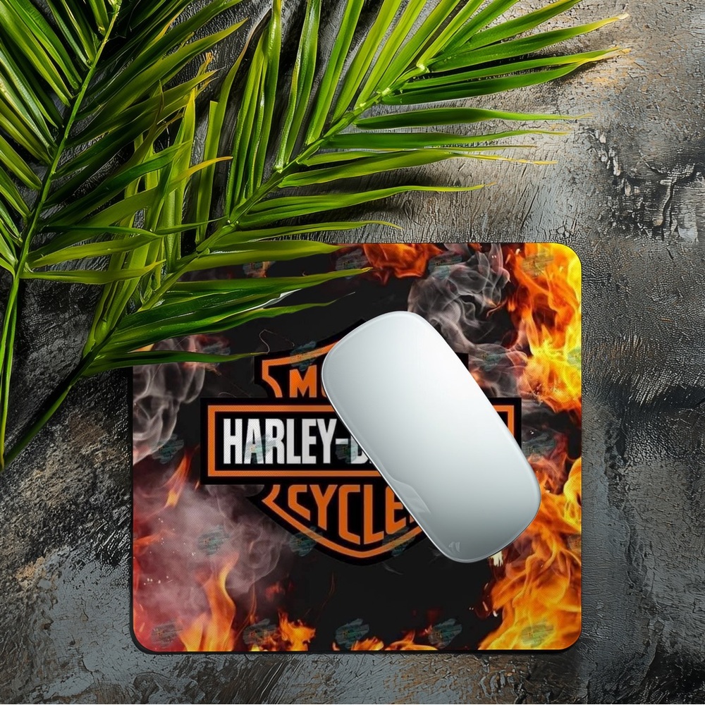 Hand Crafted Black and Orange Flaming Motorcycle Mouse Pad